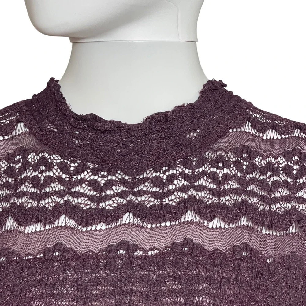 Free People FP One Lace Bodysuit Small Plum Open Back Mock Neck Long Sleeve Boho